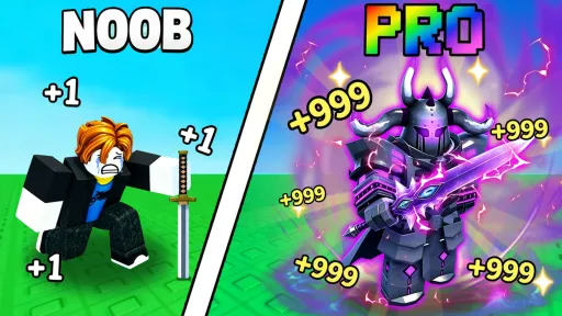 Roblox noob avatar beside an armored samurai avatar with floating damage numbers