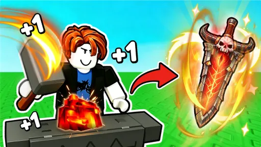 Roblox avatar hammering a glowing ingot into a fiery forged blade